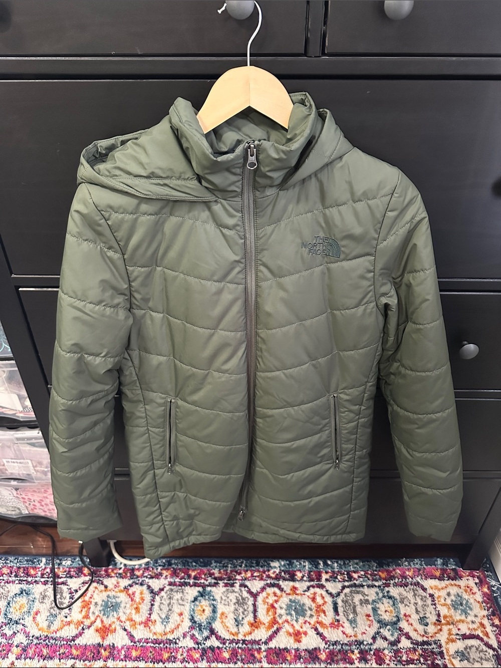 The North Face Olive Green Quilted Insulated Jacket with Hood.